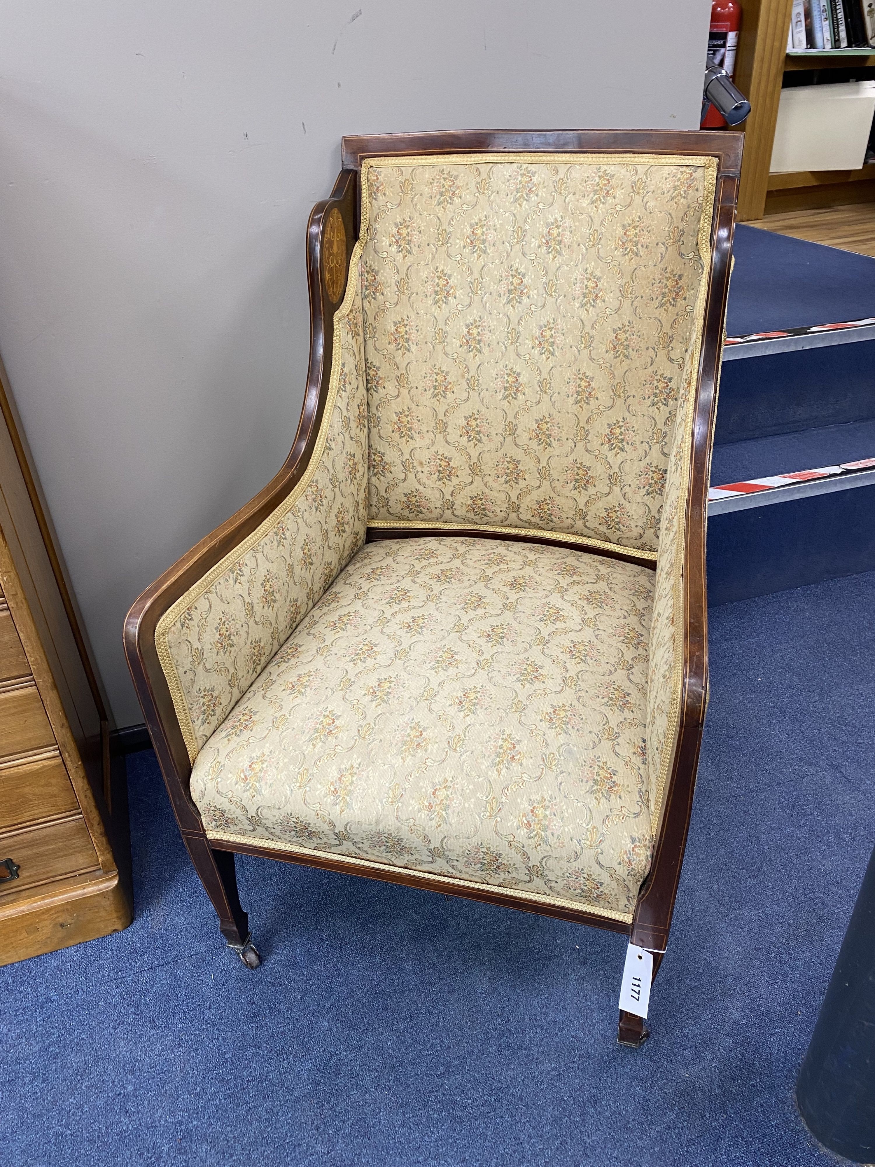 A pair of Edwardian armchairs, width 58cm, depth 60cm, height 98cm